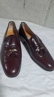 three-quarter front view of both oxblood leather tassel loafers