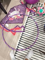 Group shot showing hula hoop, unicorn kite, hopper ball, Minnie soccer ball and striped rug