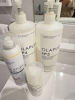 Front view of all four Olaplex products showing labels and sizes