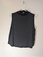 Front view of black sleeveless mockneck blouse on hanger