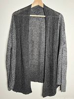 Front view of grey knit open cardigan on hanger