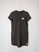 Front full view of olive green Roots T-shirt dress on hanger