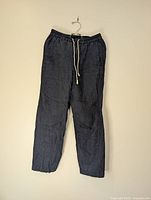 Full view of navy linen pants hanging front-on