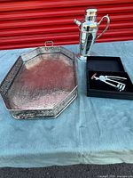 Tray, wine opener in box, and cocktail shaker together