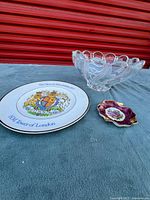 Commemorative plate, Limoges dish, glass bowl overview