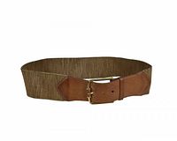 Full view of belt showing metallic elastic band and leather buckle panel