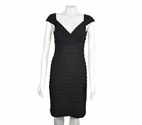 Front view of black pleated bodycon dress on mannequin