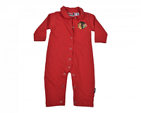 Front view of red Reebok Chicago Blackhawks baby onesie showing snaps and logo