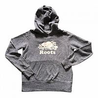 Front view of heather grey Roots hoodie showing beaver logo, kangaroo pocket and overall condition