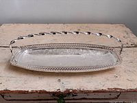 Full view of rectangular silver-plated tray with hinged twisted handle