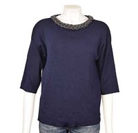 front view of navy sweater showing beaded collar and 3⁄4 sleeves
