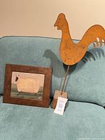 Framed sheep print and metal rooster together
