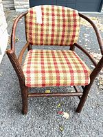 Front view of wooden branch frame chair with plaid chenille upholstery
