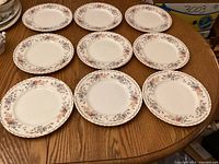 Nine matching plates on table showing quantity and pattern
