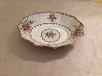 Top view of Royal Albert Petit Point dish showing floral pattern and scalloped rim