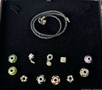 Bracelet and all charms laid on black background