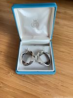 Earrings displayed in original blue case, showing design and finish