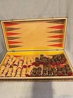 Open storage box showing all 32 chess pieces neatly arranged