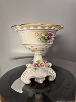 Full view of footed compote showing pedestal and applied flowers