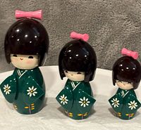 Front view of three Kokeshi dolls standing side by side