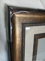 Close-up of frame corner showing bronze finish, beaded trim, plastic protection