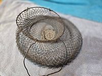 Top view of metal wire mesh collapsible fish basket showing entire structure and opening