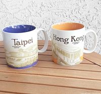 Front view of both Hong Kong and Taipei Starbucks Global Icon mugs