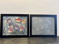 Both framed pieces side by side: coloured print left, metal plate right