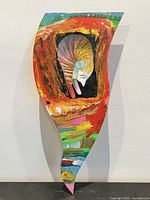 Full view of irregularly shaped multicolour mixed media artwork