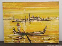 Full view of unframed oil painting showing gondolier, water and cityscape