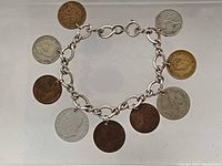 Bracelet laid flat showing coin arrangement and chain
