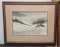 Full view of framed watercolor winter landscape painting