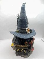 Full left-front view of witch hat house with signage and frogs