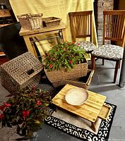 Group shot of all items including cart, chairs, lap desk, rug, baskets, bowl