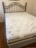 Full view of mattress, box spring on bedframe