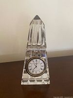 Front view of crystal obelisk desk clock