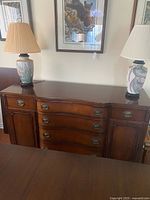 Front view of buffet showing drawers, doors, hardware