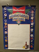 Full view of poster showing Budweiser logo, Monday Night Football text, helmet graphics, and blank center