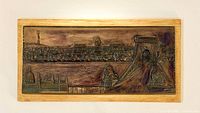 Full view of bronze relief mural in wood frame