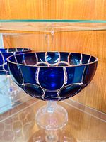 Overall view showing cobalt cut-to-clear bowl on clear foot