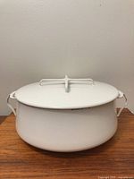 Overall view of white Dansk enamel stock pot with lid