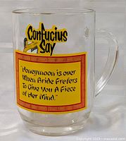 Front view of glass mug showing Confucius Say graphic and text