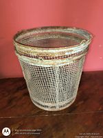 Cylindrical wire mesh minnow trap, side view
