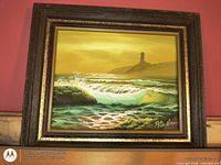 Full view of framed seascape painting signed Petersen