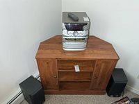 Kenwood XD-A5 unit on stand with two JVC speakers and remote