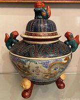 Full view of Imari porcelain koro with lid showing shape, decoration and feet