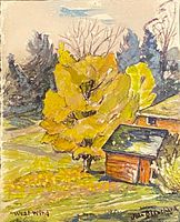 Close-up of painting showing landscape scene, title and signature visible