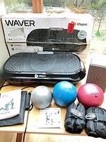 All items together: vibration plate, balls, ankle weights, yoga block, remote, manuals