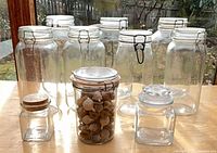 Group shot of all ten glass containers of various sizes