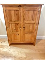 Front view closed two-door pine wardrobe
